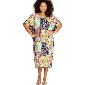 Johnny Was Long Rayon Japer Cocoon Boat Kaftan Flared Dress Yellow Blue XL NEW